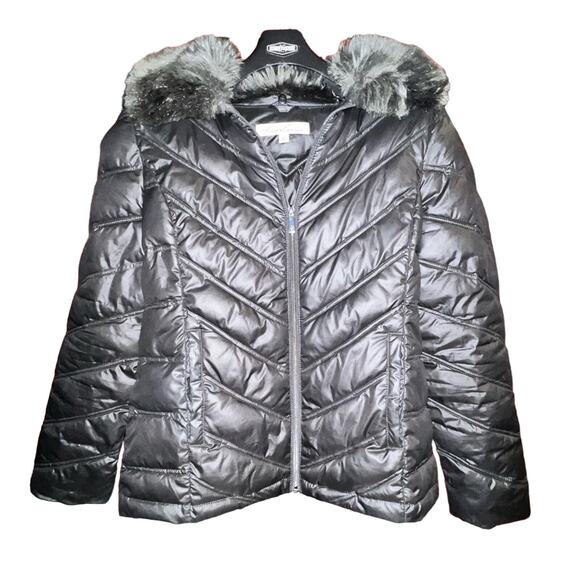 Kenneth Cole I Love New York Faux Fur Lined Coat size Large Black Puffy Jacket - Picture 2 of 14